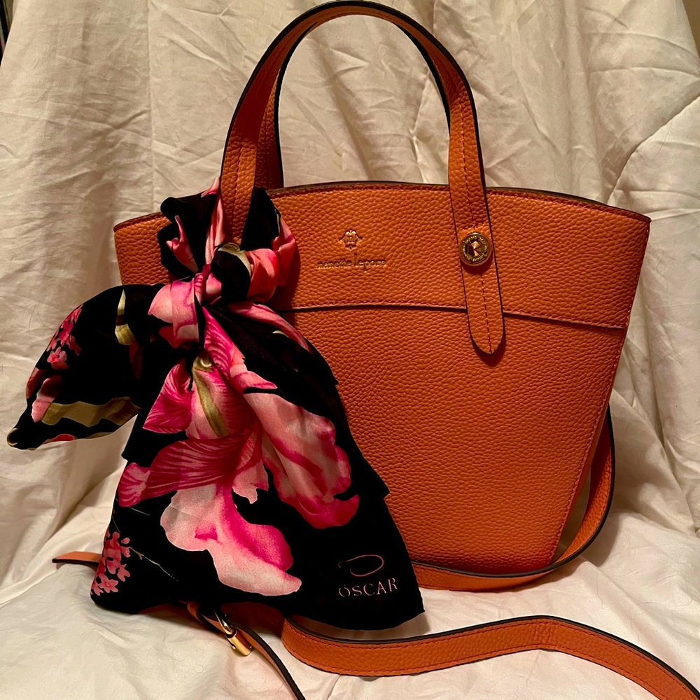 Pebbled Nanette Lepore purse with floral Oscar De La Renta scarf accent.